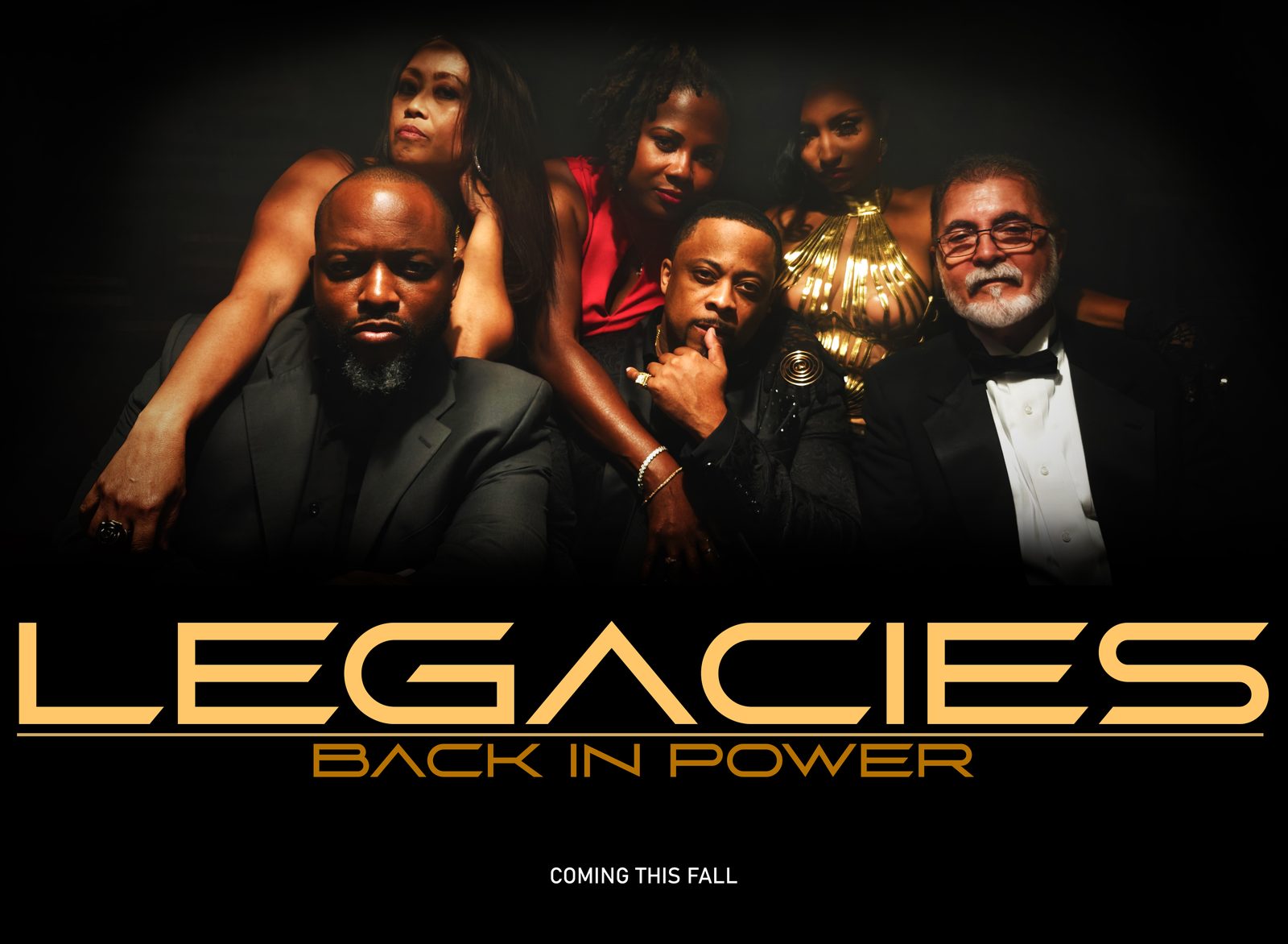 Legacies: Back in Power poster, the cast posed together in low gold light
